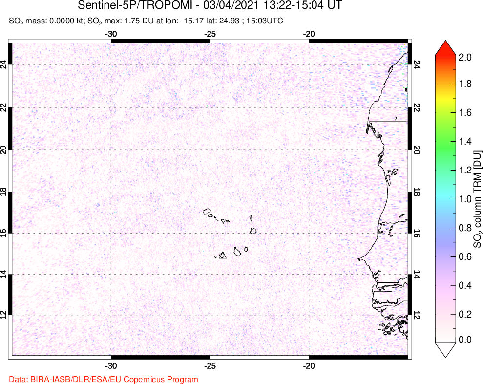 A sulfur dioxide image over Cape Verde Islands on Mar 04, 2021.