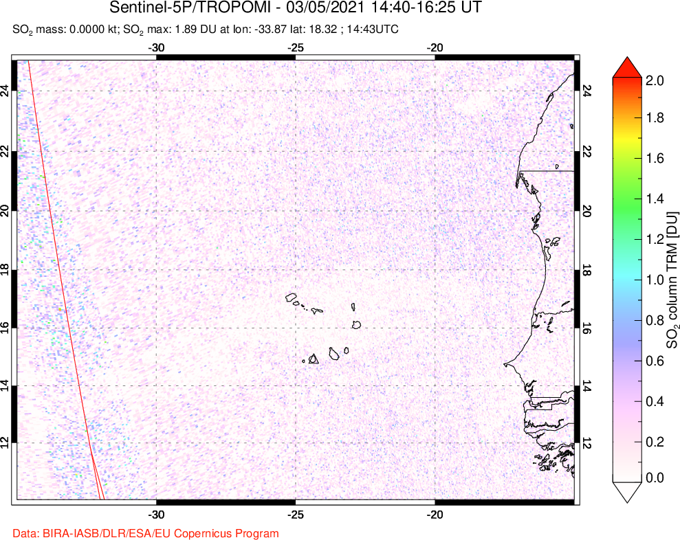 A sulfur dioxide image over Cape Verde Islands on Mar 05, 2021.