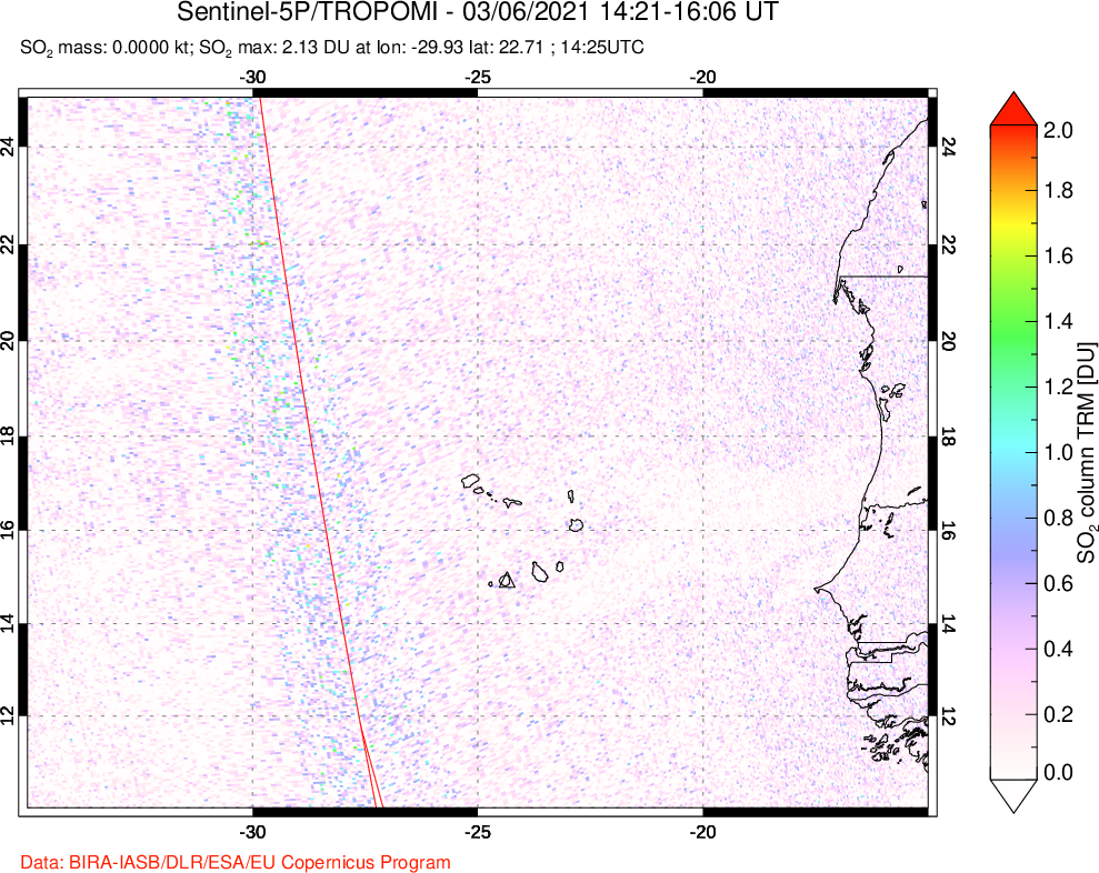 A sulfur dioxide image over Cape Verde Islands on Mar 06, 2021.