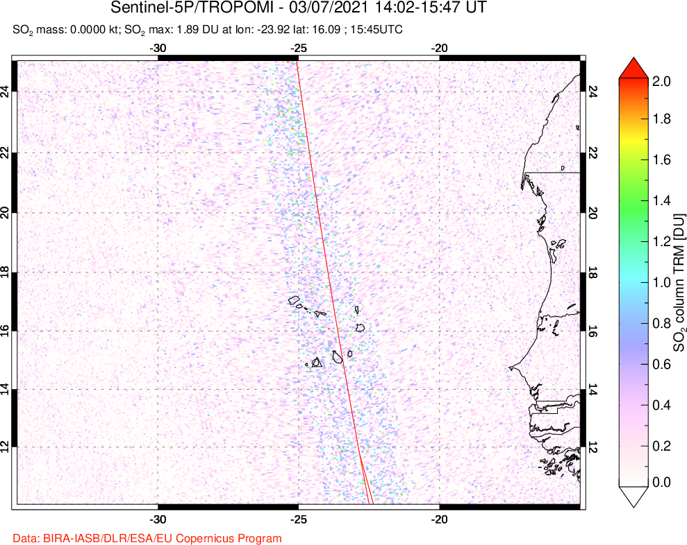 A sulfur dioxide image over Cape Verde Islands on Mar 07, 2021.