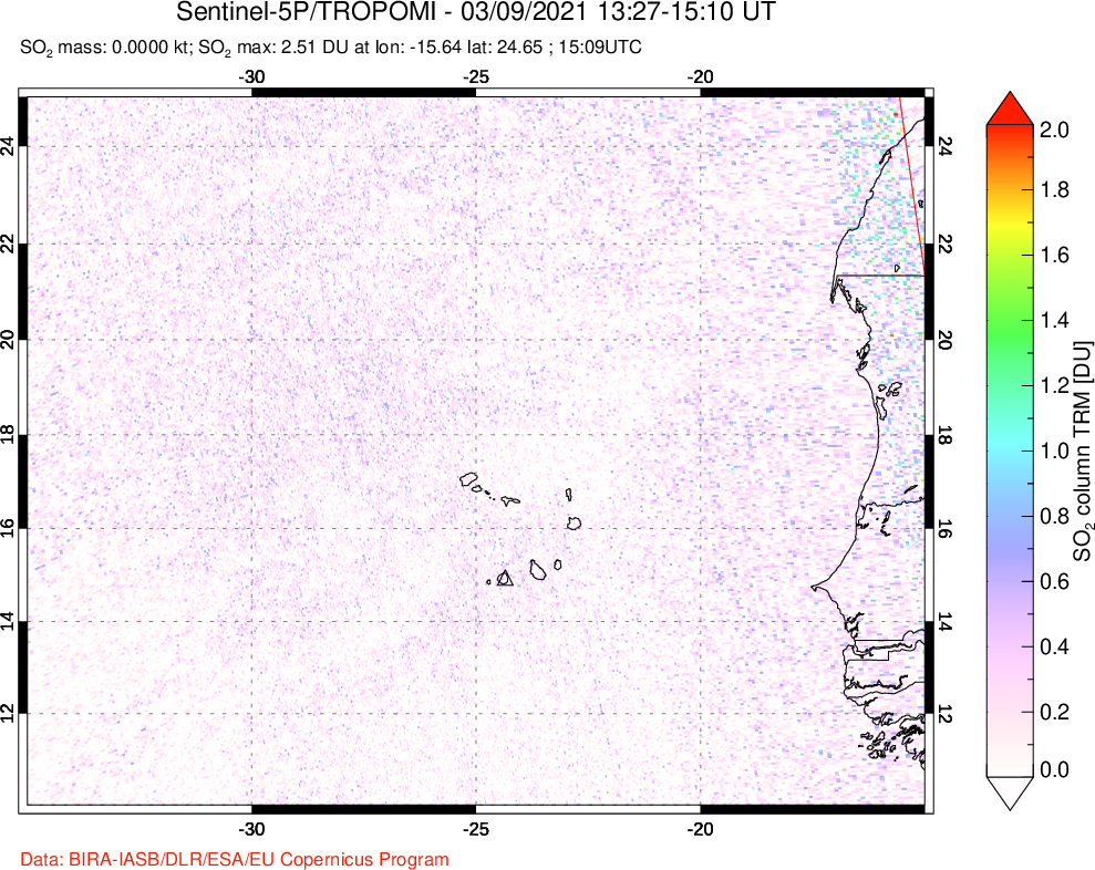 A sulfur dioxide image over Cape Verde Islands on Mar 09, 2021.