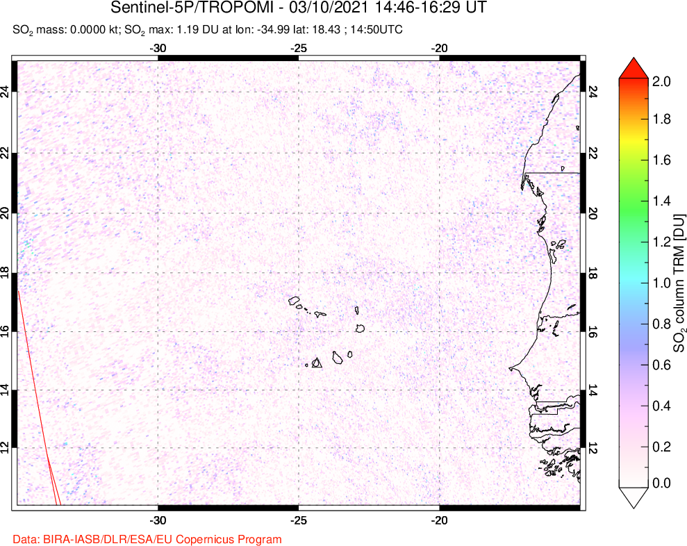 A sulfur dioxide image over Cape Verde Islands on Mar 10, 2021.