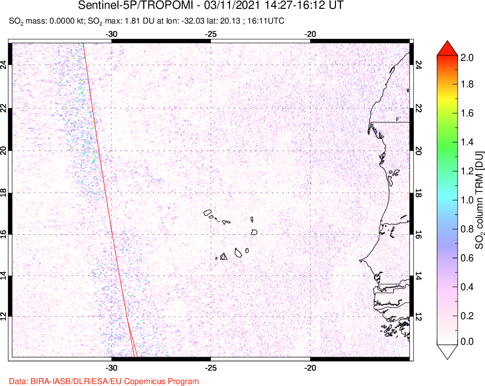 A sulfur dioxide image over Cape Verde Islands on Mar 11, 2021.
