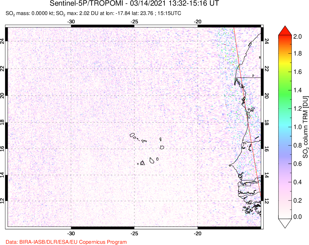 A sulfur dioxide image over Cape Verde Islands on Mar 14, 2021.