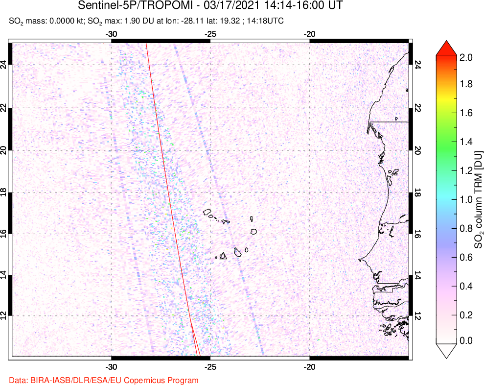 A sulfur dioxide image over Cape Verde Islands on Mar 17, 2021.