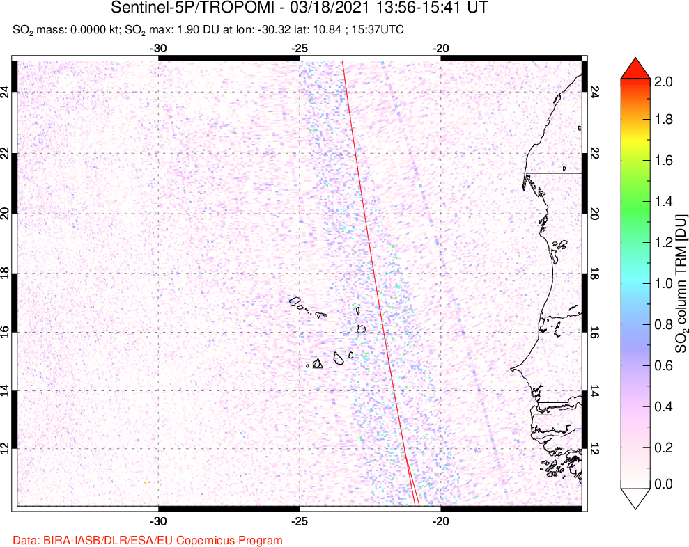 A sulfur dioxide image over Cape Verde Islands on Mar 18, 2021.