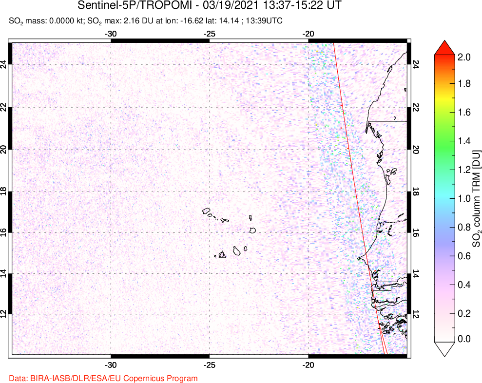 A sulfur dioxide image over Cape Verde Islands on Mar 19, 2021.