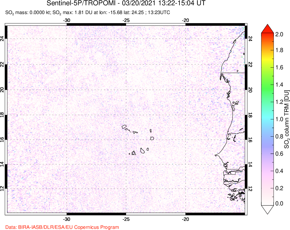 A sulfur dioxide image over Cape Verde Islands on Mar 20, 2021.