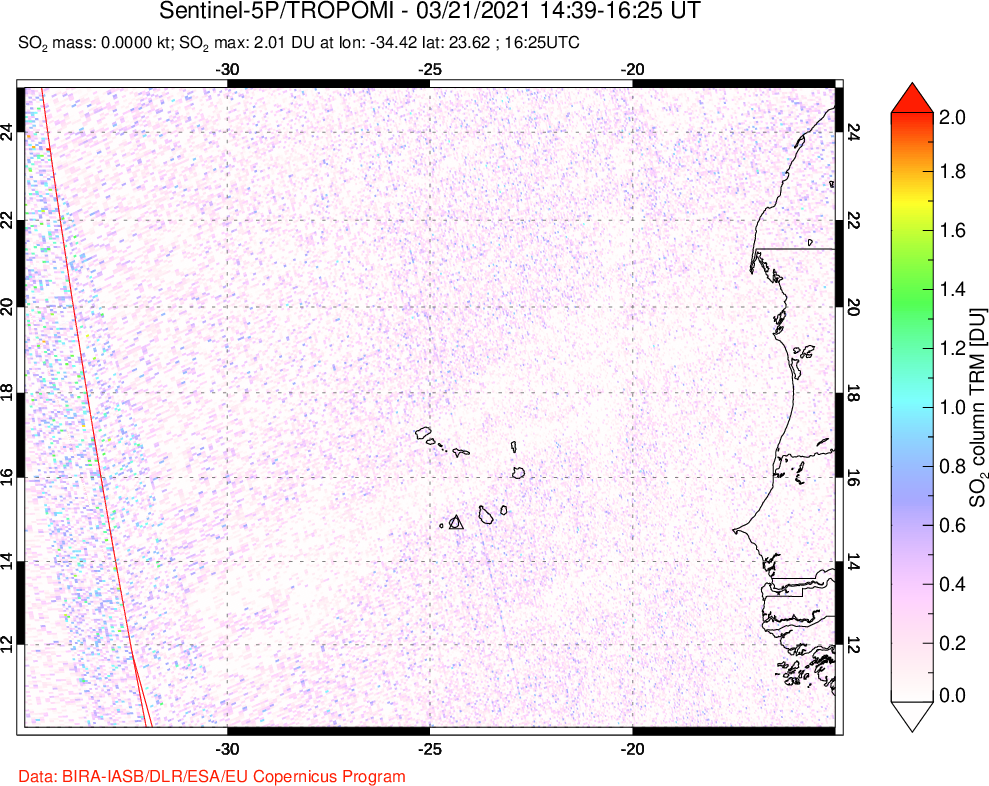 A sulfur dioxide image over Cape Verde Islands on Mar 21, 2021.