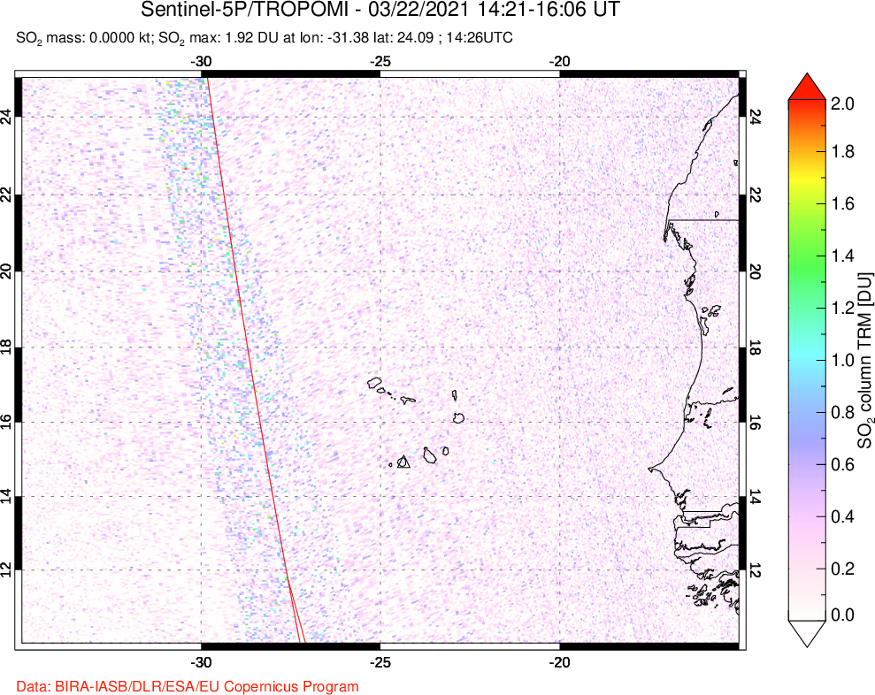 A sulfur dioxide image over Cape Verde Islands on Mar 22, 2021.