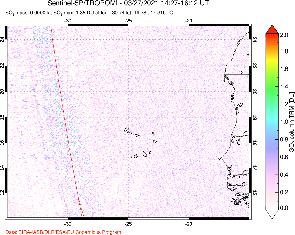 A sulfur dioxide image over Cape Verde Islands on Mar 27, 2021.
