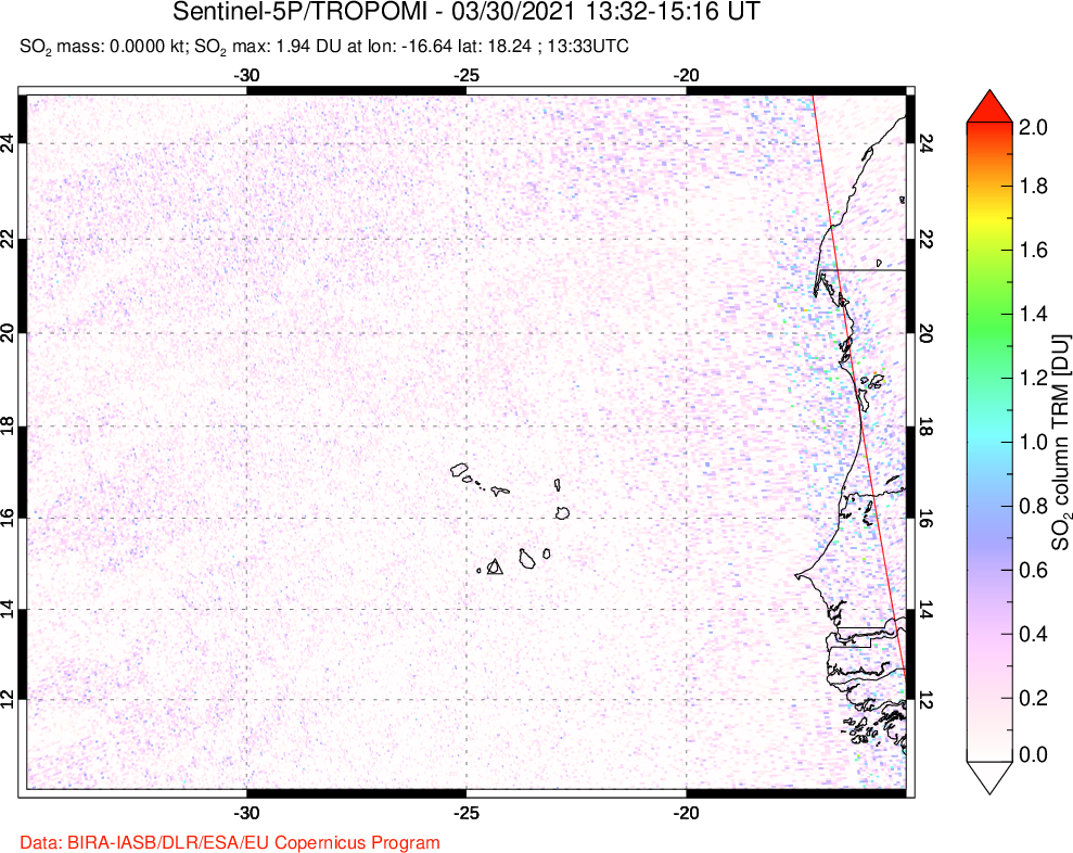 A sulfur dioxide image over Cape Verde Islands on Mar 30, 2021.