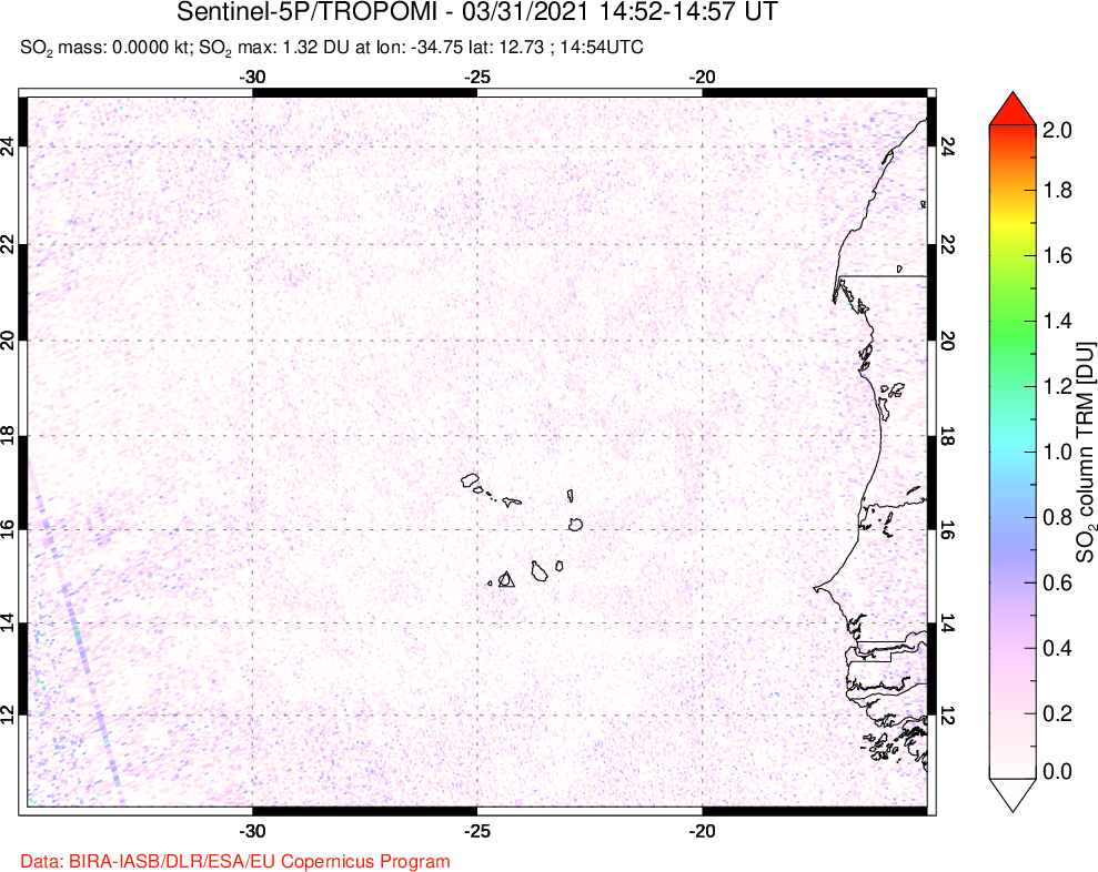A sulfur dioxide image over Cape Verde Islands on Mar 31, 2021.