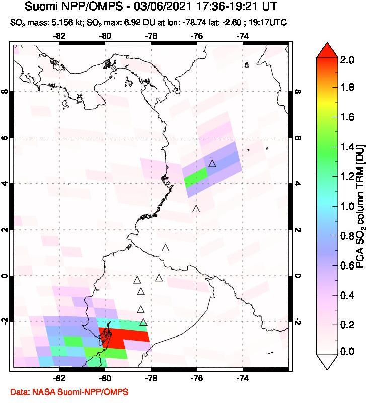 A sulfur dioxide image over Ecuador on Mar 06, 2021.