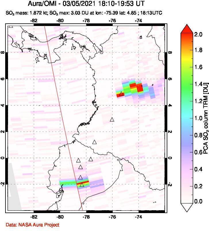 A sulfur dioxide image over Ecuador on Mar 05, 2021.