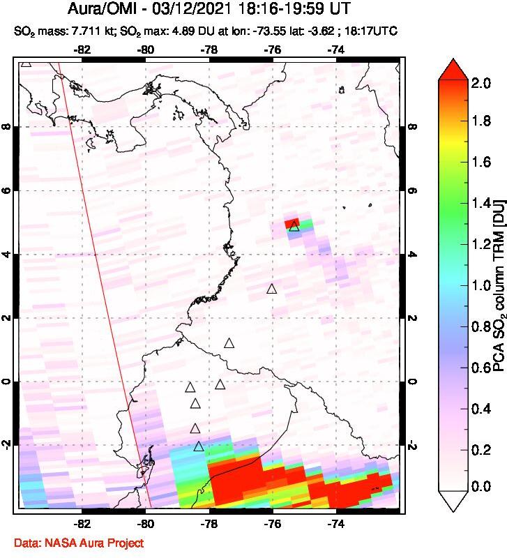A sulfur dioxide image over Ecuador on Mar 12, 2021.
