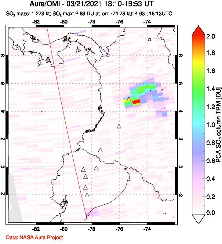 A sulfur dioxide image over Ecuador on Mar 21, 2021.