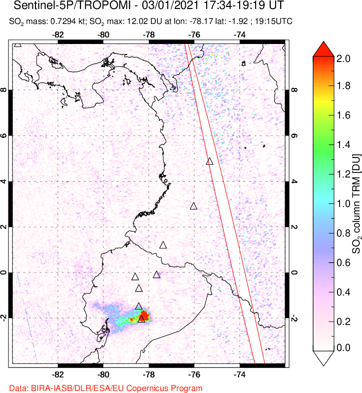 A sulfur dioxide image over Ecuador on Mar 01, 2021.