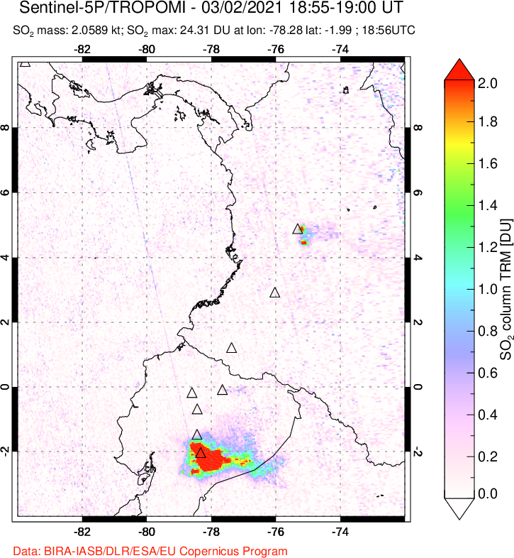 A sulfur dioxide image over Ecuador on Mar 02, 2021.