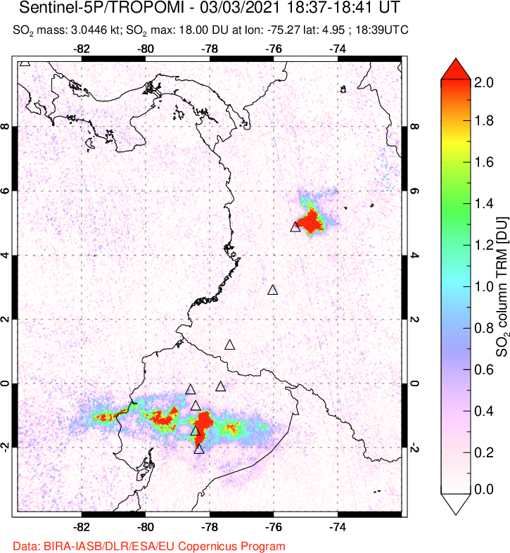 A sulfur dioxide image over Ecuador on Mar 03, 2021.