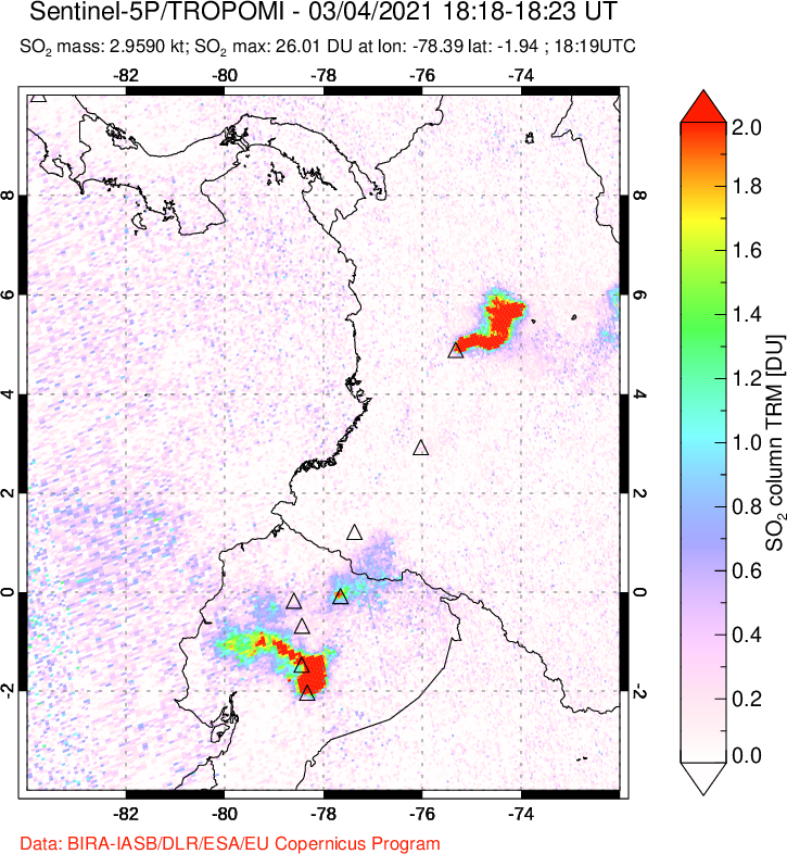 A sulfur dioxide image over Ecuador on Mar 04, 2021.
