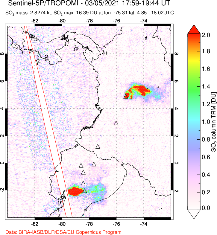 A sulfur dioxide image over Ecuador on Mar 05, 2021.