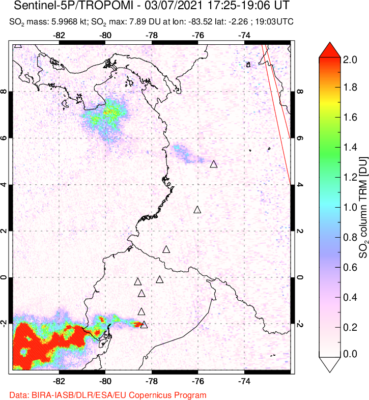 A sulfur dioxide image over Ecuador on Mar 07, 2021.
