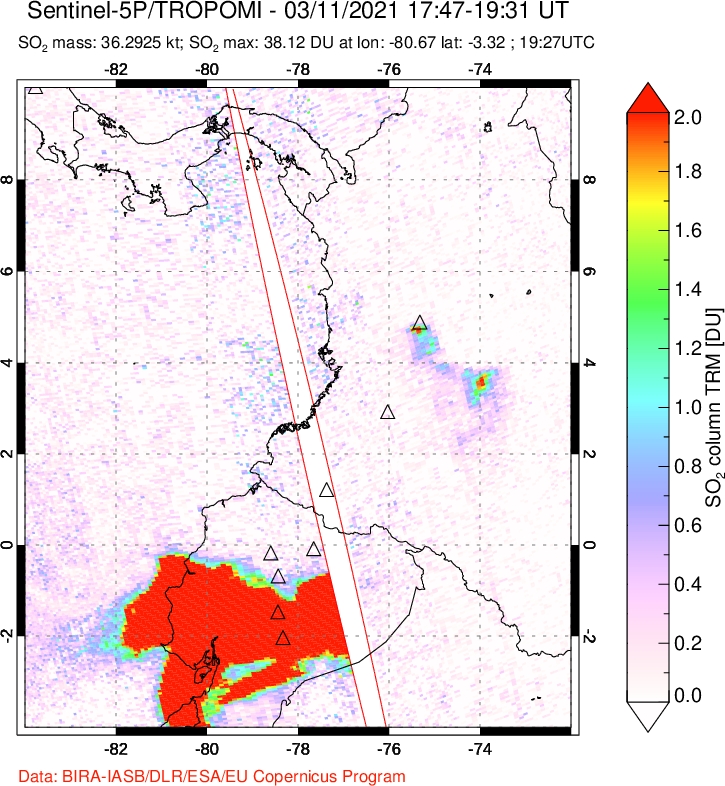 A sulfur dioxide image over Ecuador on Mar 11, 2021.
