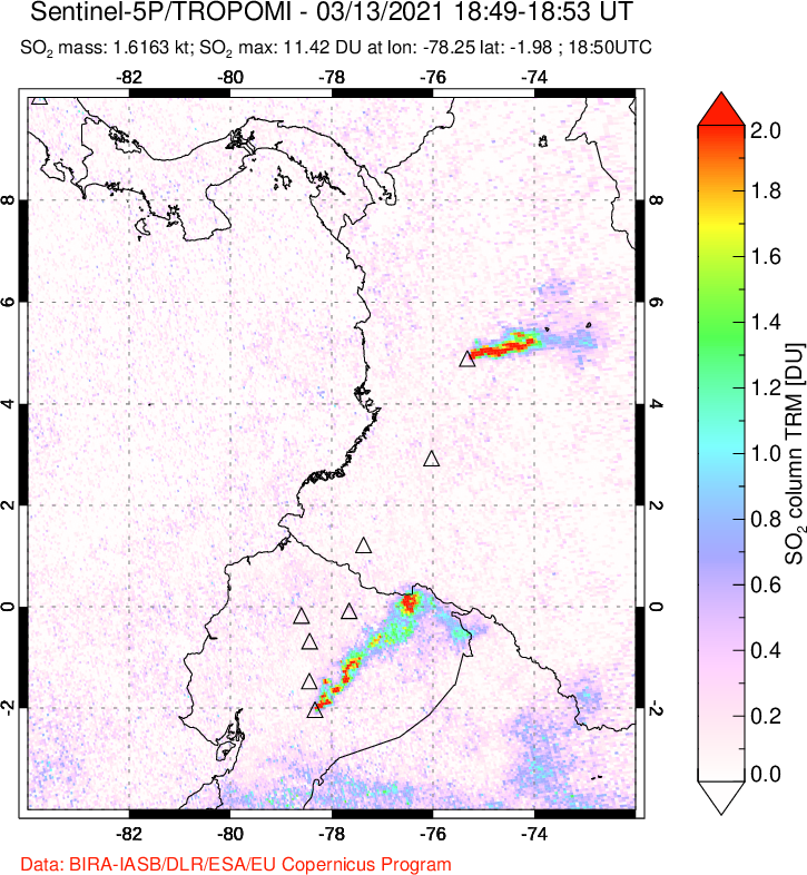 A sulfur dioxide image over Ecuador on Mar 13, 2021.