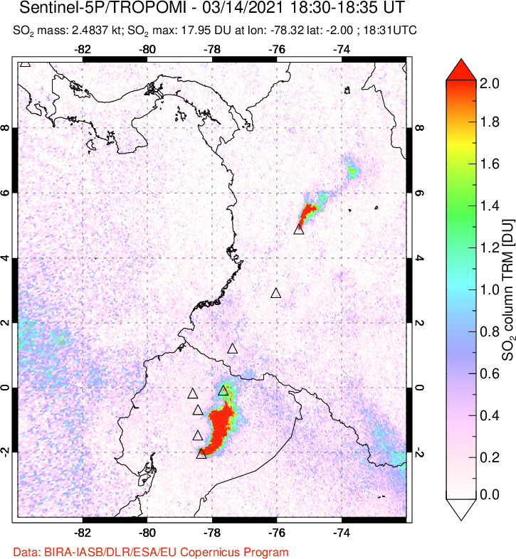 A sulfur dioxide image over Ecuador on Mar 14, 2021.