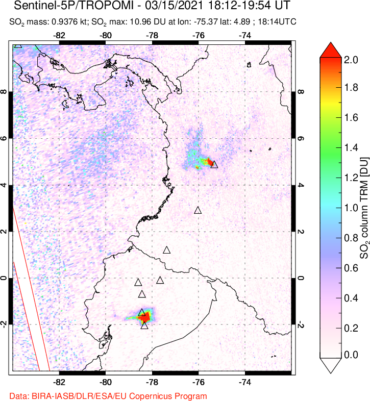 A sulfur dioxide image over Ecuador on Mar 15, 2021.