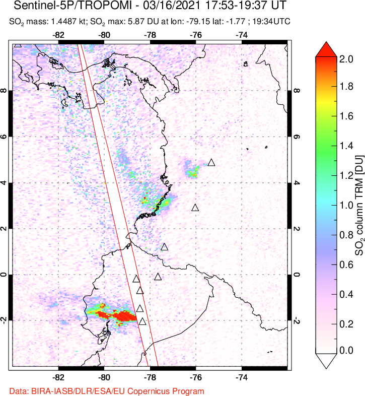A sulfur dioxide image over Ecuador on Mar 16, 2021.