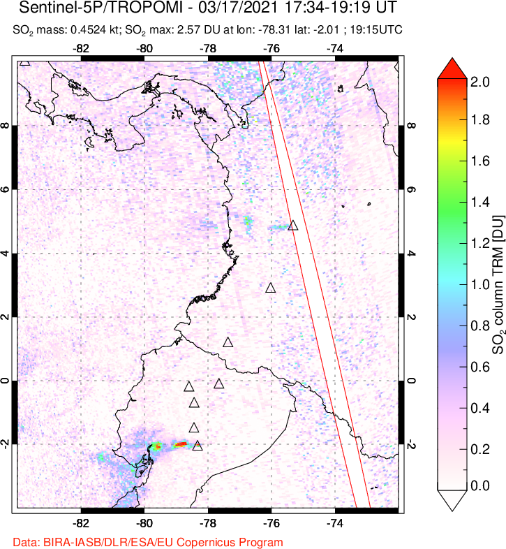 A sulfur dioxide image over Ecuador on Mar 17, 2021.