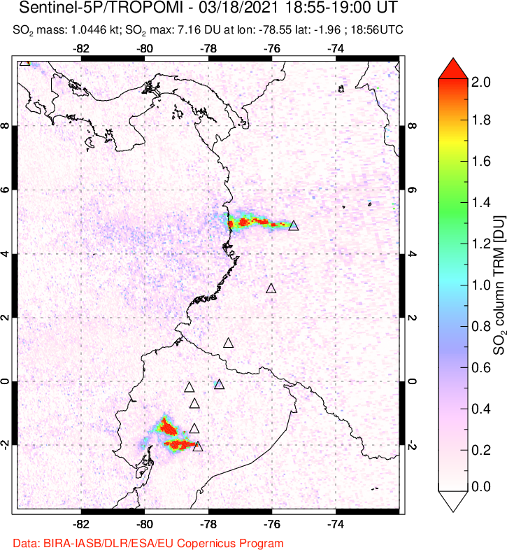 A sulfur dioxide image over Ecuador on Mar 18, 2021.