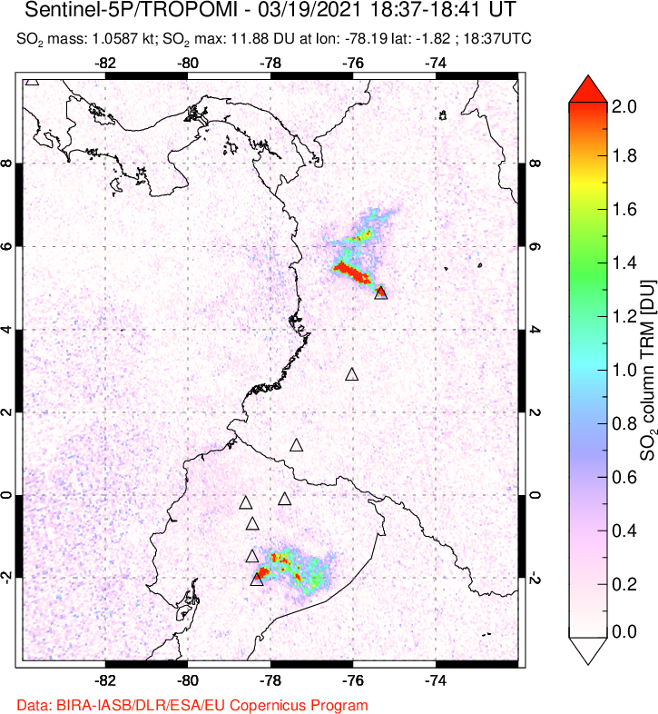 A sulfur dioxide image over Ecuador on Mar 19, 2021.