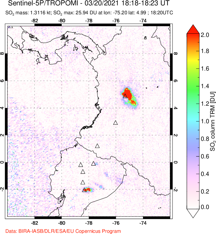A sulfur dioxide image over Ecuador on Mar 20, 2021.