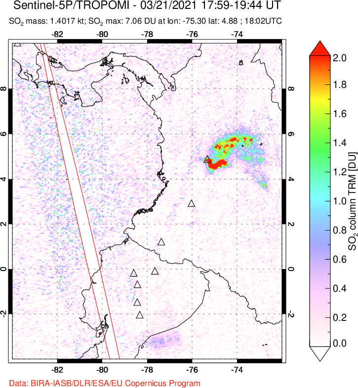 A sulfur dioxide image over Ecuador on Mar 21, 2021.