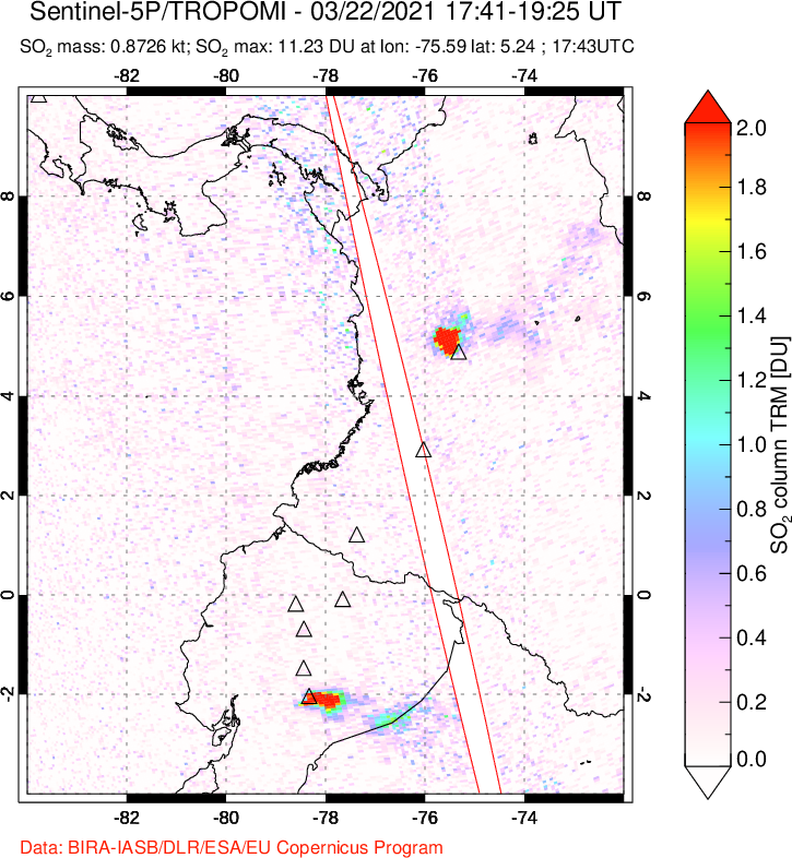 A sulfur dioxide image over Ecuador on Mar 22, 2021.