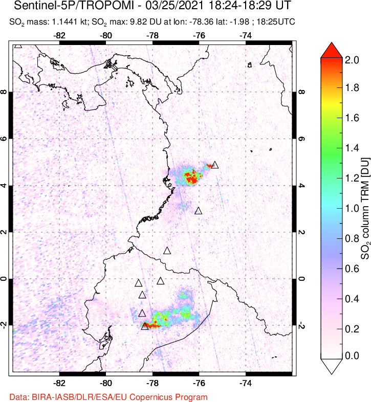 A sulfur dioxide image over Ecuador on Mar 25, 2021.