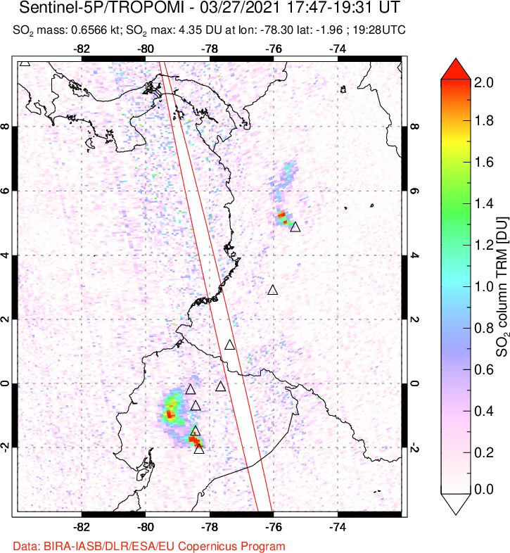 A sulfur dioxide image over Ecuador on Mar 27, 2021.