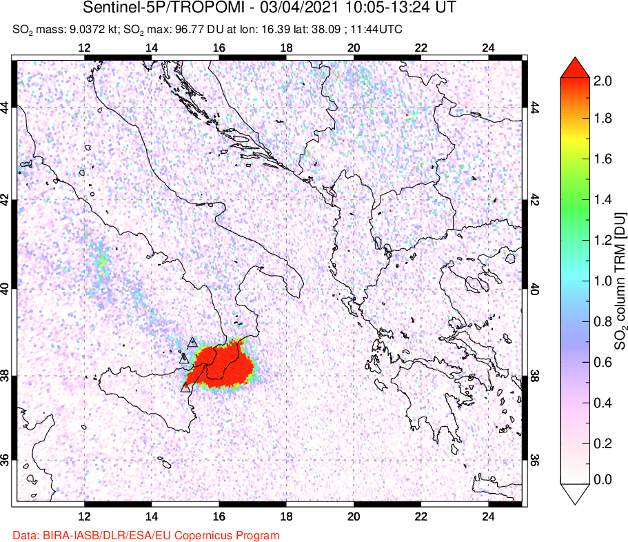A sulfur dioxide image over Etna, Sicily, Italy on Mar 04, 2021.