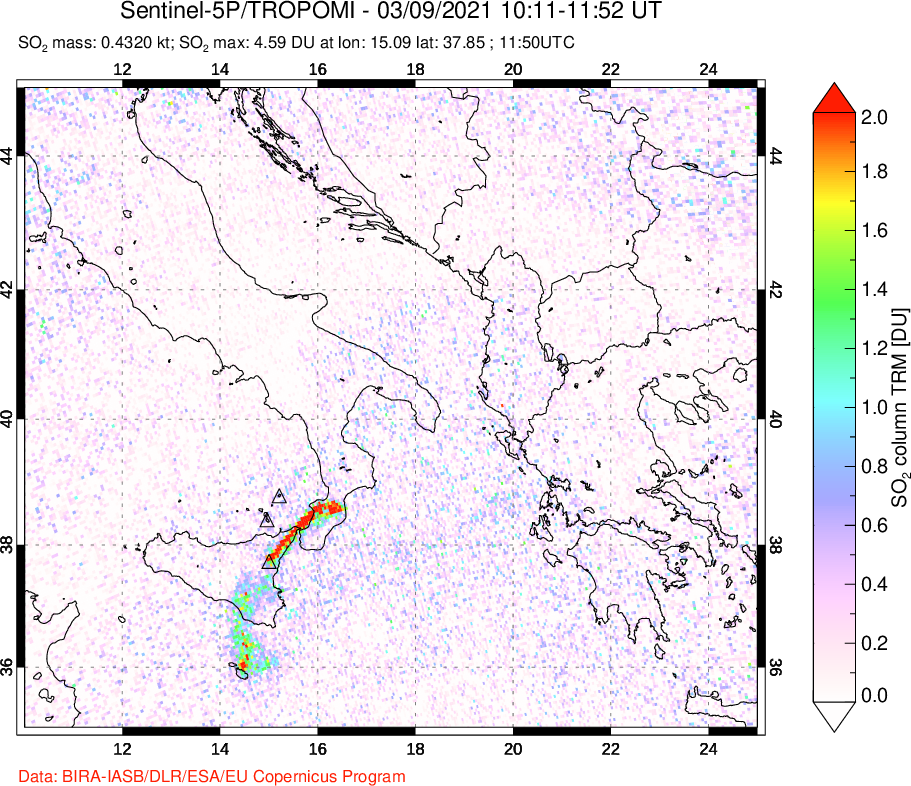 A sulfur dioxide image over Etna, Sicily, Italy on Mar 09, 2021.