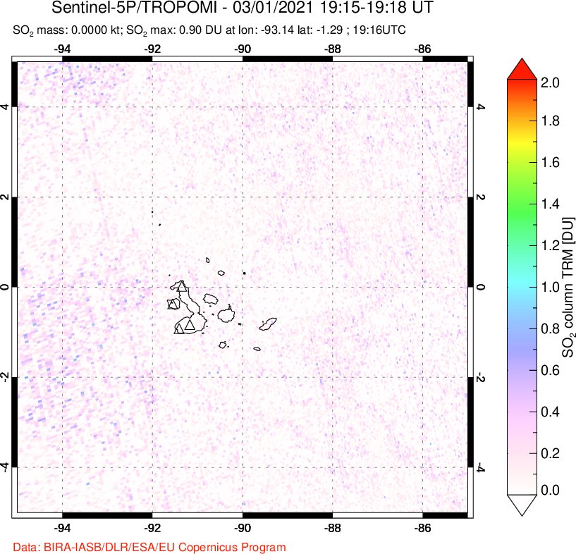 A sulfur dioxide image over Galápagos Islands on Mar 01, 2021.
