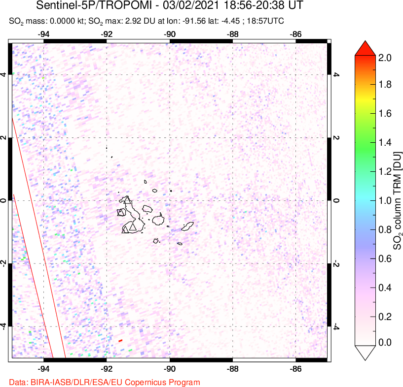 A sulfur dioxide image over Galápagos Islands on Mar 02, 2021.