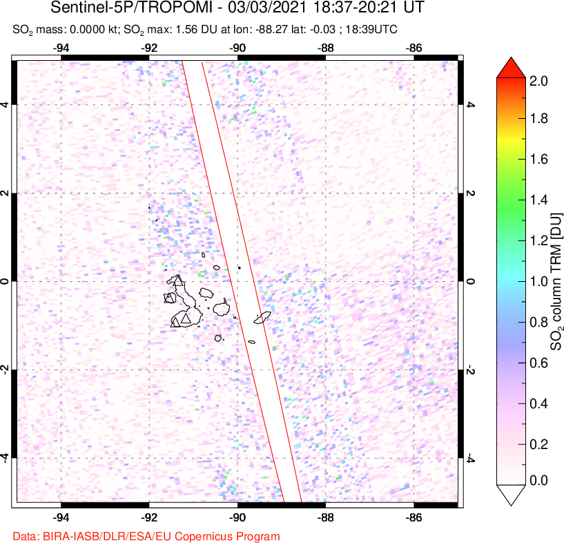 A sulfur dioxide image over Galápagos Islands on Mar 03, 2021.