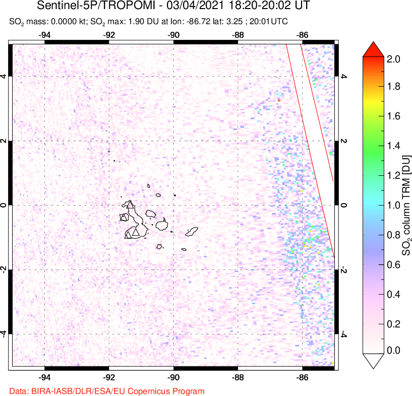A sulfur dioxide image over Galápagos Islands on Mar 04, 2021.