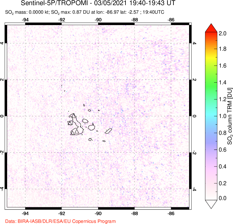 A sulfur dioxide image over Galápagos Islands on Mar 05, 2021.