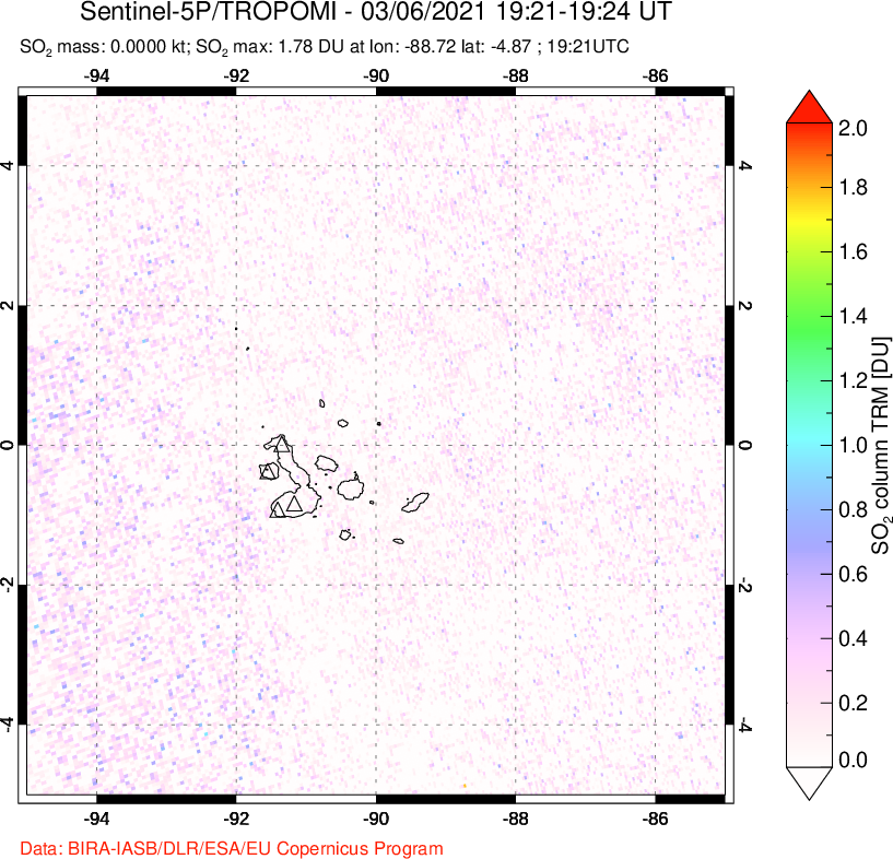 A sulfur dioxide image over Galápagos Islands on Mar 06, 2021.