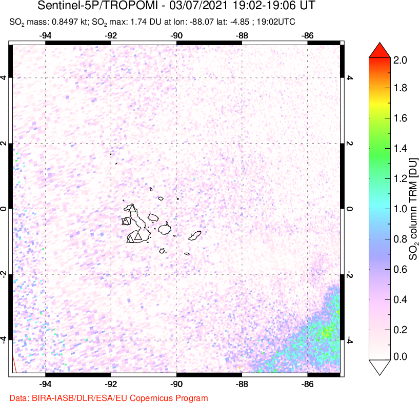 A sulfur dioxide image over Galápagos Islands on Mar 07, 2021.