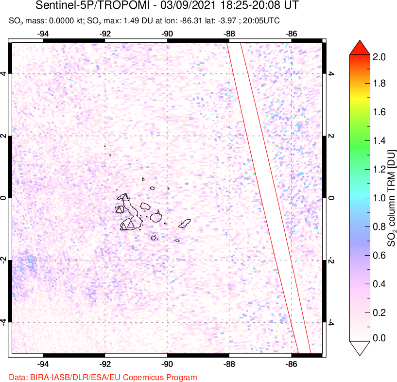 A sulfur dioxide image over Galápagos Islands on Mar 09, 2021.